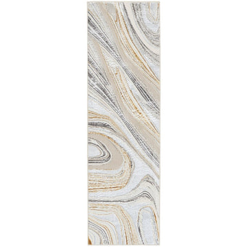 Glitz GLZ21 Modern Abstract Marbled Curve Distressed Metallic Shimmer Hi-Low Textured Soft-Touch Polyester Low Profile Short-Pile Grey/Gold Runner-Nourison-Rug Love - The Most Loved Rug Store